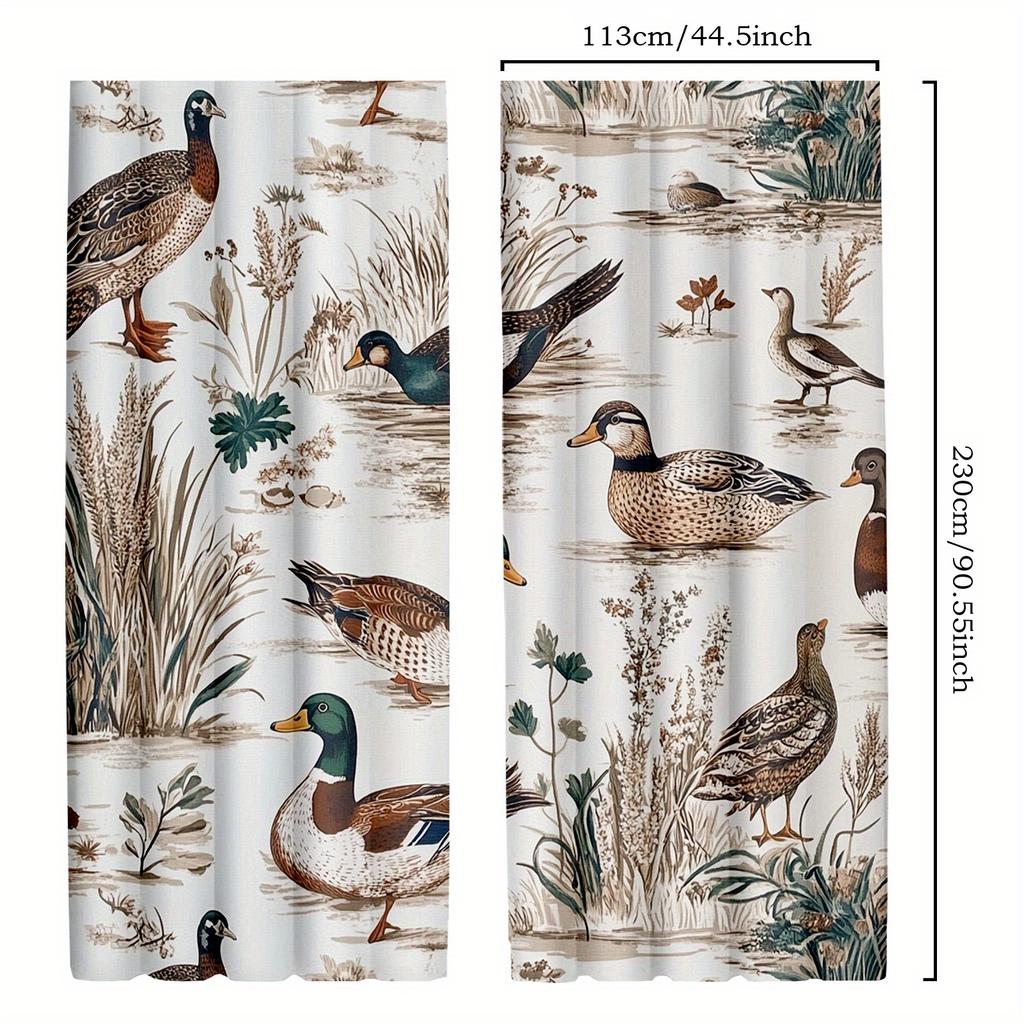2pcs Elegant Mallard Duck Curtains - Brown & White   Nature-Inspired Design with Reed and Grass Print   Semi-Transparent for Bedro