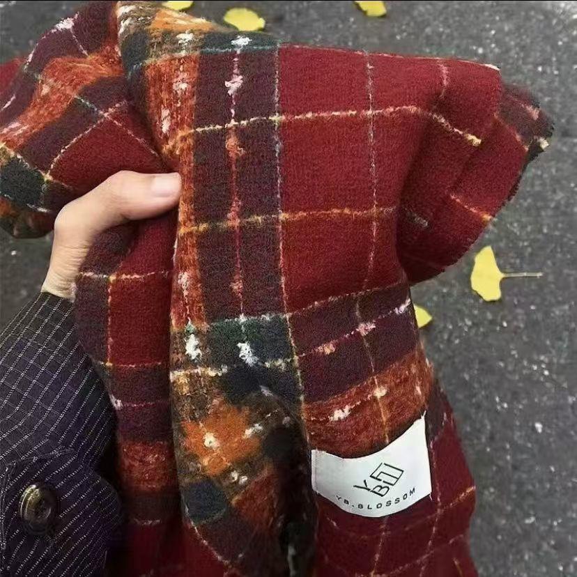 Ретро клетчатый красный рождественский шарф: Теплый, в корейском стиле, универсальный и утолщенный шарф-воротник