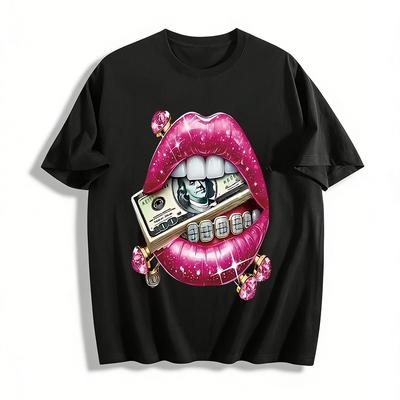 Hip Hop Style Shiny Diamond Dollar Lip Print Top Trendy Streetwear Cool Girl Loose Casual T-Shirt Pure Cotton T-shirt