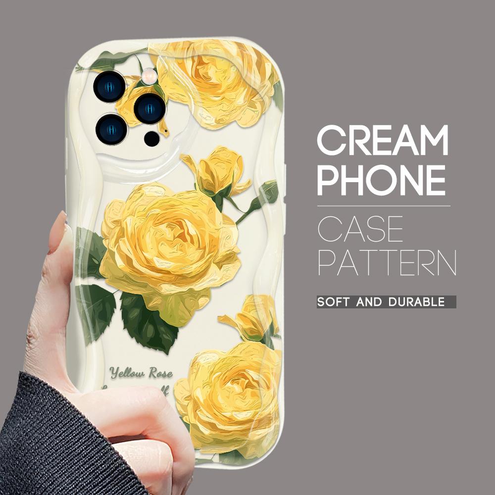 For iPhone 16 15 14 13 12 Samsung S24 S23 S22 A06 A13 A14 A15 A16 A55 Redmi Note 13 12 Beauty Rose Flowers Cream Texture Wavy Edge Soft Phone Case