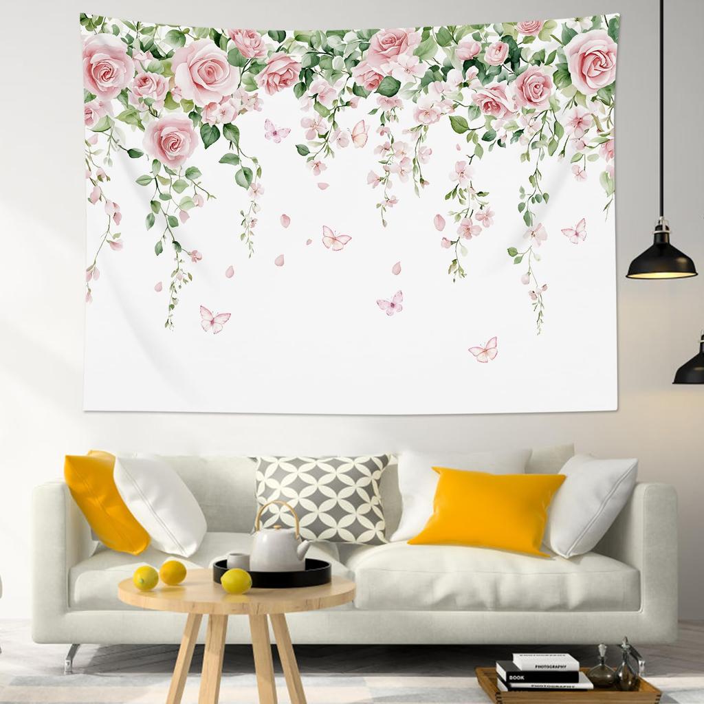 Floral Butterfly Tapestry Wall Hanging, Sage Green Leaves and Wildflower Butterfly Wall Decor Spring Plant Tapestry for Bedroom