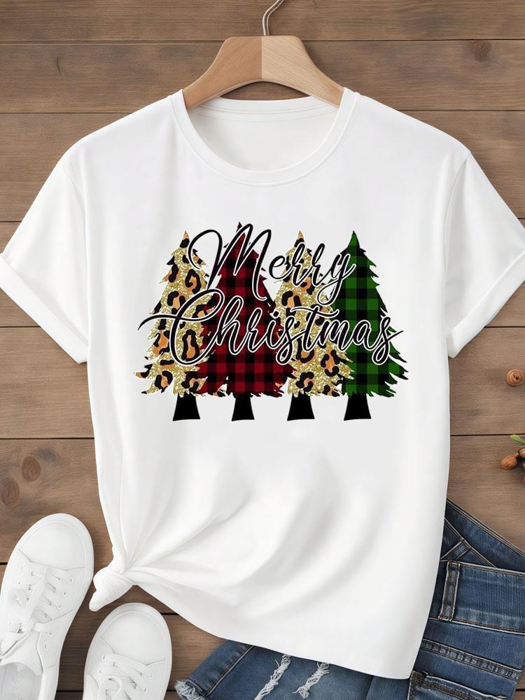 (Asian Size) Tee Top festival  Merry Christmas tree style happy  New Year Holiday Women Print Lady Short Sleeve Fashion Graphic T-shirts