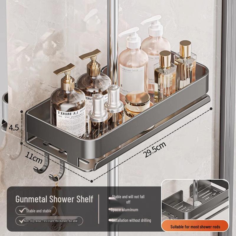 Universal No-Drill Shower Head Holder & Shelf for Bathroom Rods