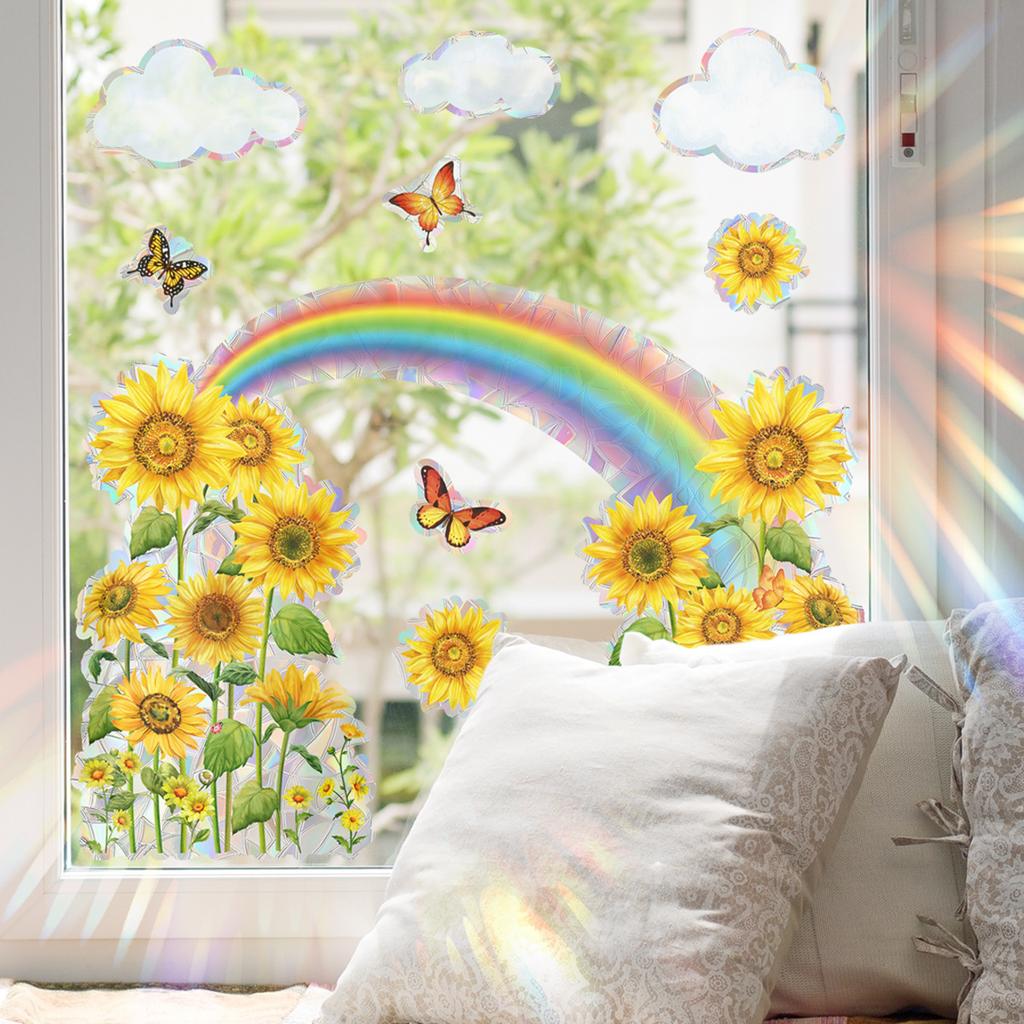 Xc6068 Sonnenblume Regenbogen Wolke Schmetterling Fensteraufkleber Sonnenschein Bunt Statischer Glasaufkleber Doppelseitiger Visueller Fensteraufkleber