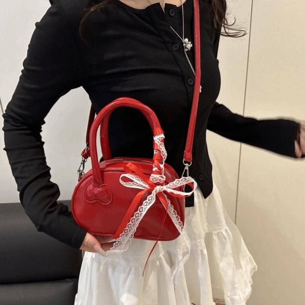 Pu Leather Bow Crossbody Bag Y2k Commute Handbag Fashion Lace Ribbons Boston Bag  Women