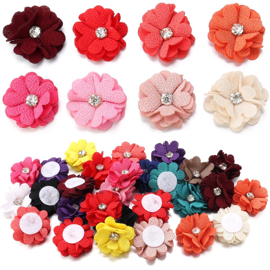 10pcs Colorful Fabric Flower 3.5cm Rhinestone Flower Core Pearl Hemp Flower Applique For DIY Clothing Sewing Headwear Decoration
