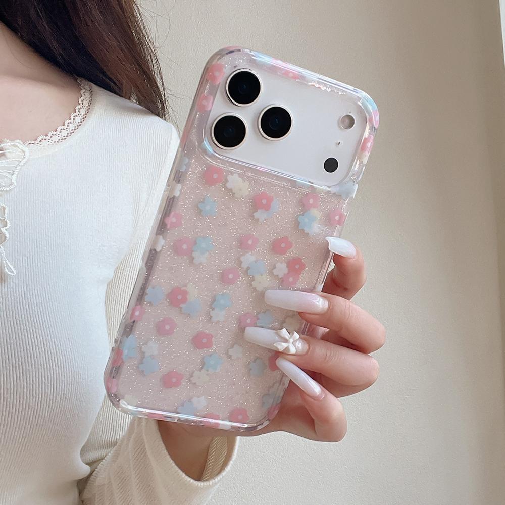 Ins Cute Spring Floral Sequins Bling Phone Case For iPhone 16 15 14 17pro 17ProMax Lovely Glitter Flower Shockproof Soft Cover