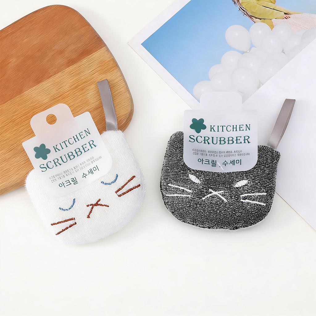 2Pieces Cats Theme Scouring Sponge Set Super Absorbent Scrubber Cleaning Tool For Home Kitchen Dishware Washing Use