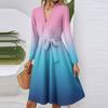 Women's Fashion Casual V-Neck Long Sleeve Waist Gradient Printed Midi Dress