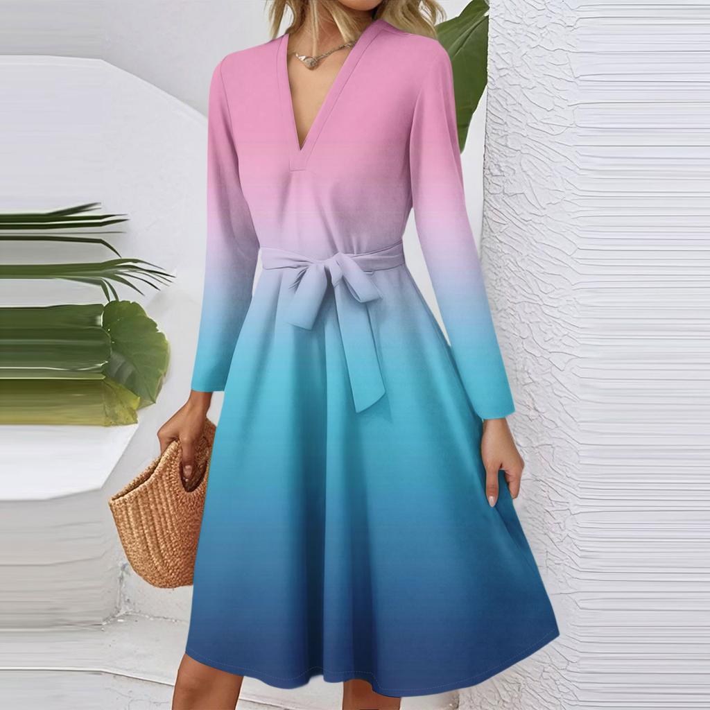 Women's Fashion Casual V-Neck Long Sleeve Waist Gradient Printed Midi Dress