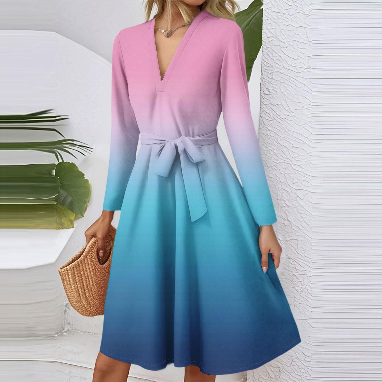 

Женское модное повседневное платье миди с V-образным вырезом, длинными рукавами, приталенное, с градиентным принтом M розовый