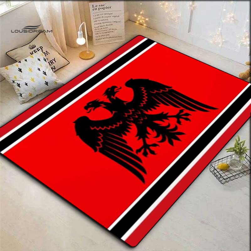 Red Background Double Headed Eagle Striped Border Print Area Rug, Non Slip Soft Floor Mat Living Room Bedroom Carpet