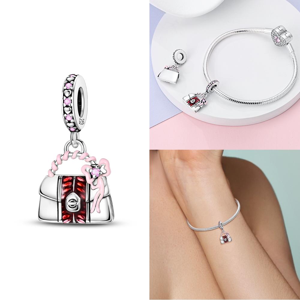 Original Charms Copper Pink High Heels Girl'S Suitcase Airplane Bag Beads Fit Bracelet Delicate Women Diy Holiday Gift