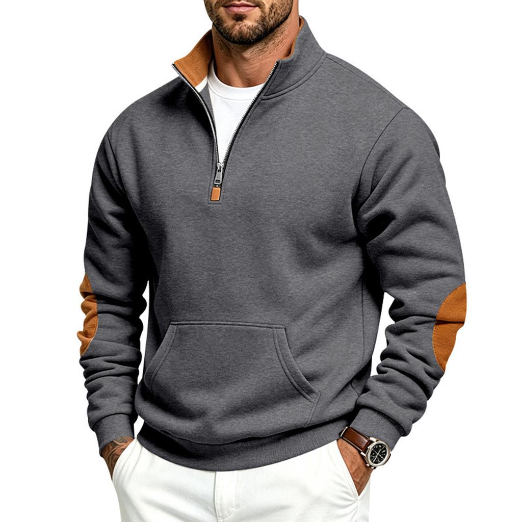 Men's Retro Patchwork Half-Zip Sweatshirt with Stand Collar for Fall Winter Casual Wear