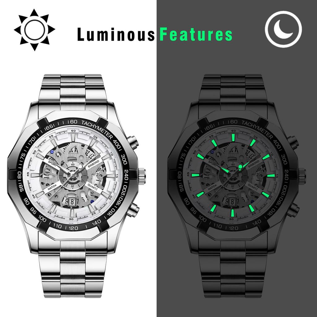 Silver Watch with 3ATM Water Luminous Analog Stainless Stylish Quartz Fashion Accessory Perfect for or As a Boyfriend Gift Men's Calendar, Resistance,