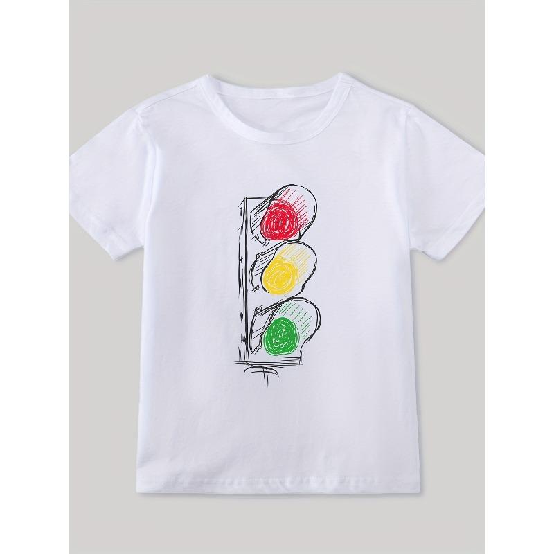 

European sizes Boys Traffic Light Print T-Shirt - Breathable Round Neck Short Sleeve Tee - Ideal Top Gift for Children - Summer Casual Playwear 164cm білий