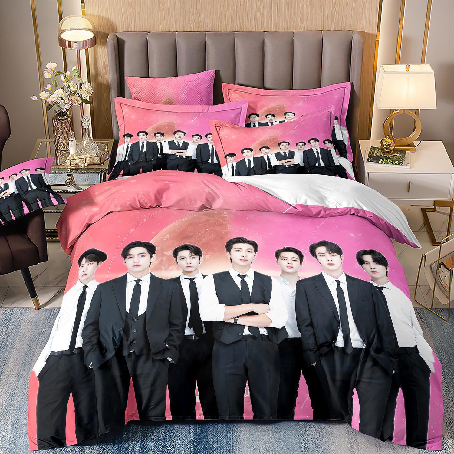 BTS Herren-Gruppe Bettwäsche Musikband Ganzjahres-Einzelbett-Bettwäsche-Set 3-teilige Bettdecke Bettbezug Doppel-King-Bett-Bettwäsche-Set 135x200cm pink