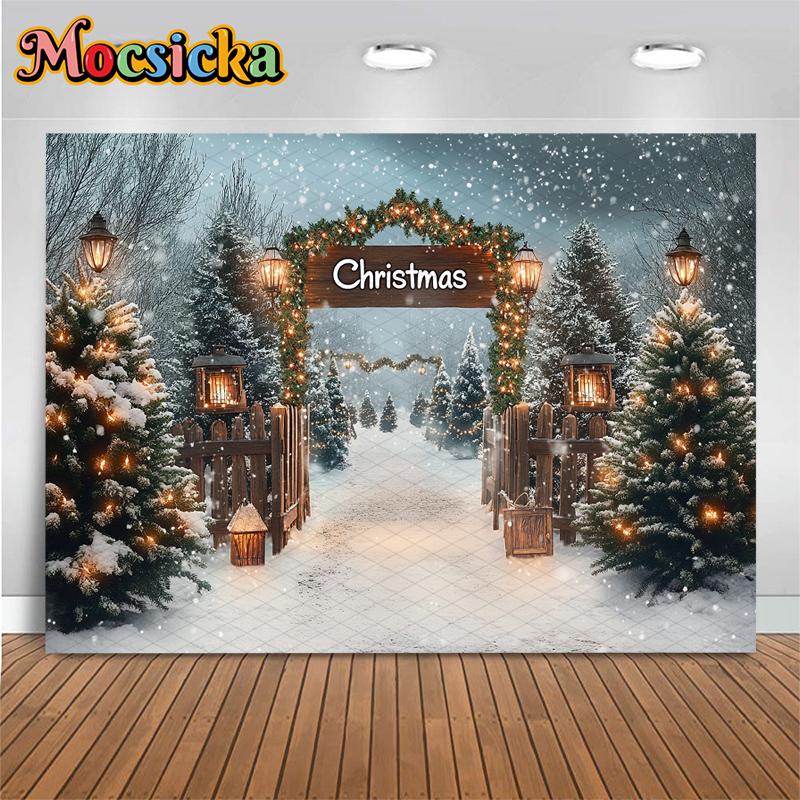 Mocsicka Christmas Background Photography Forest Tree Child Photo Backdrop Wallpaper Winter Snow Door Party Decorations Banner