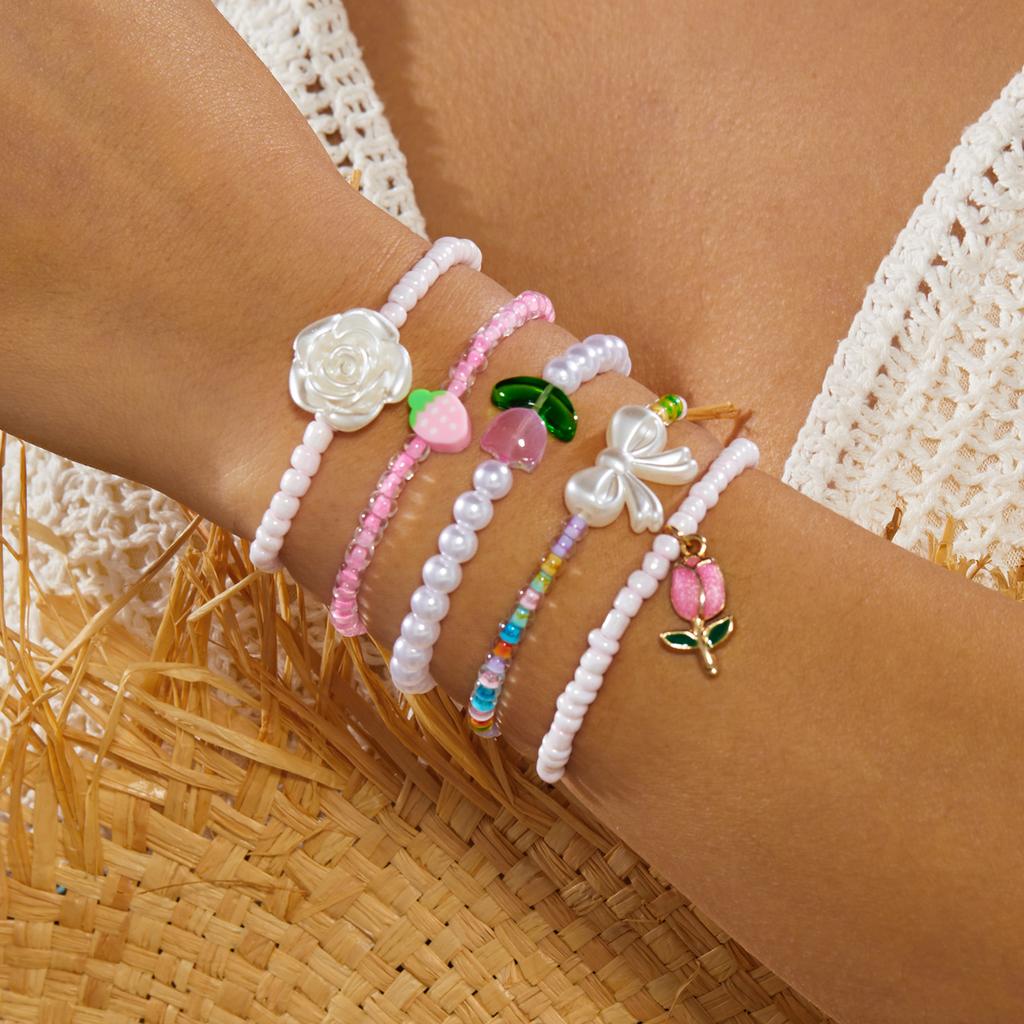6Pcs Cute Bowknot Heart Bracelet Set For Women Pink Acrylic Beads Imitation Pearl Elastic Bangles Party Daily Sweet Jewelry