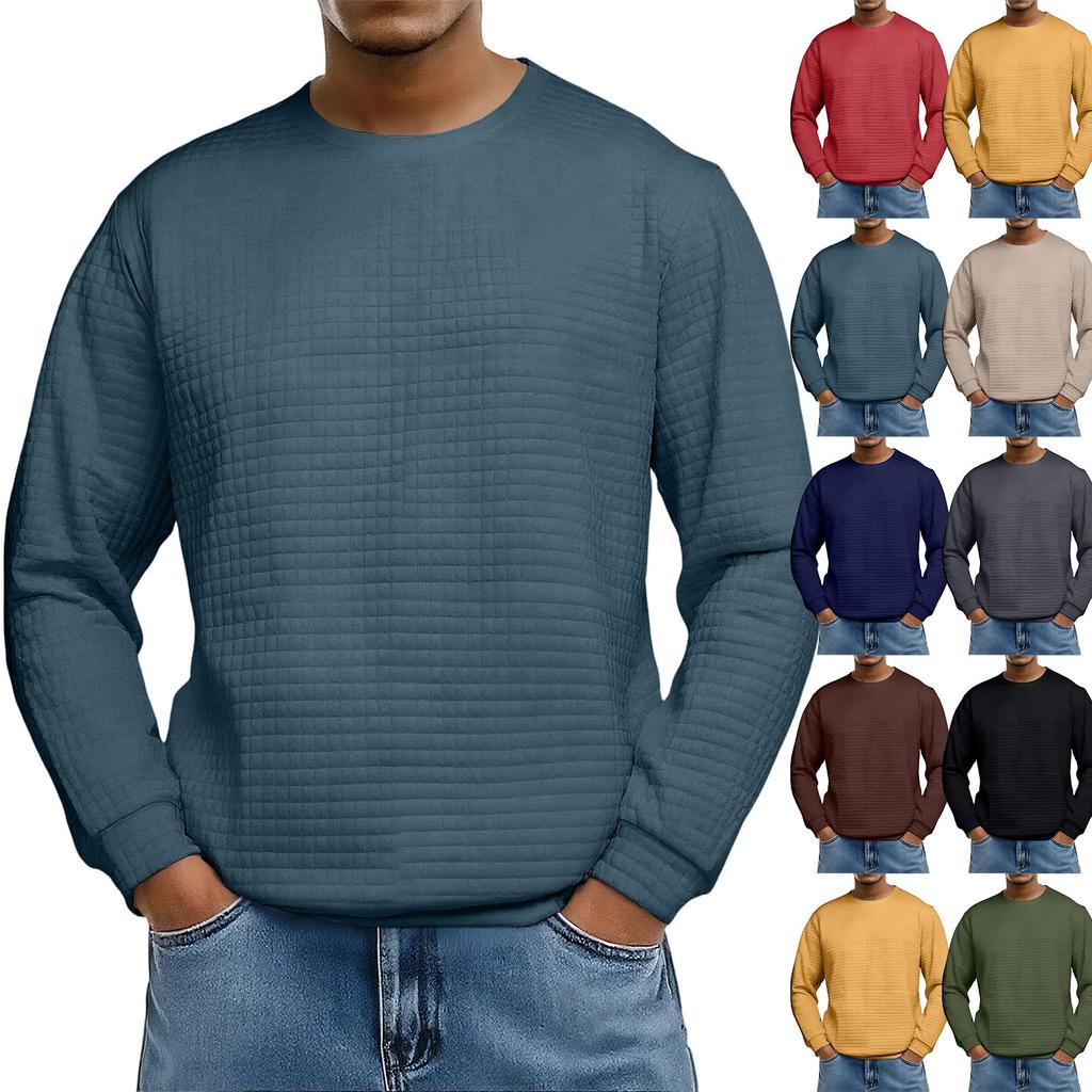 Men's Loose-fitting Casual Waffle-weave  Neck Long-sleeved Top