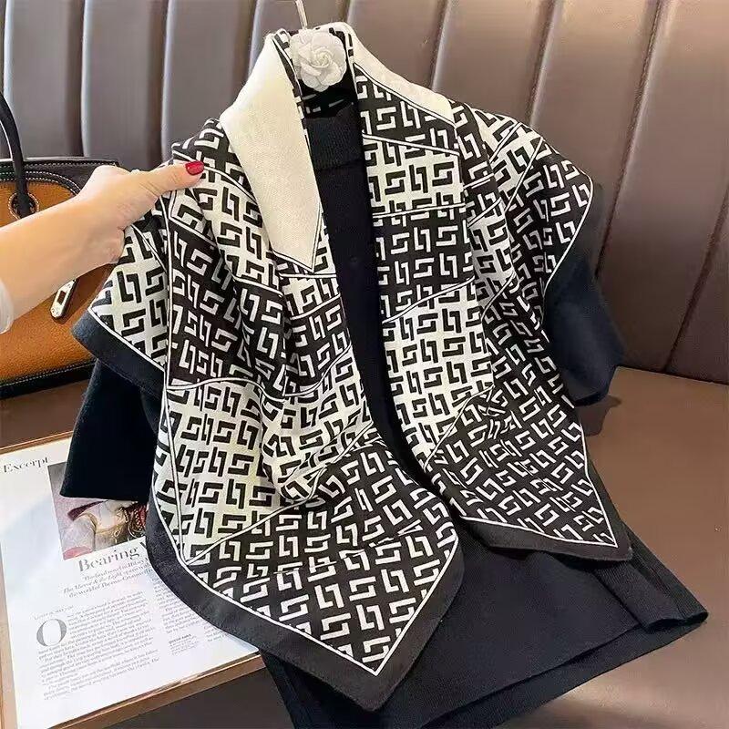 New 91 Foreign Letter Scarf Women's High-end Silk Scarf Square Scarf Cotton and Linen Headscarf Spring and Autumn Fashion Shawl Thin Scarf Sun Protect