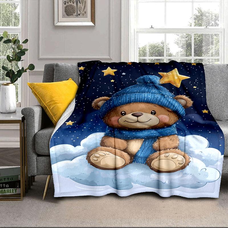 Teddy Bear Night Sky Blanket Flannel Blanket for Bed, Sofa, Camping, Hiking, Picnic Essentials, Gift for Family Fan Gifts
