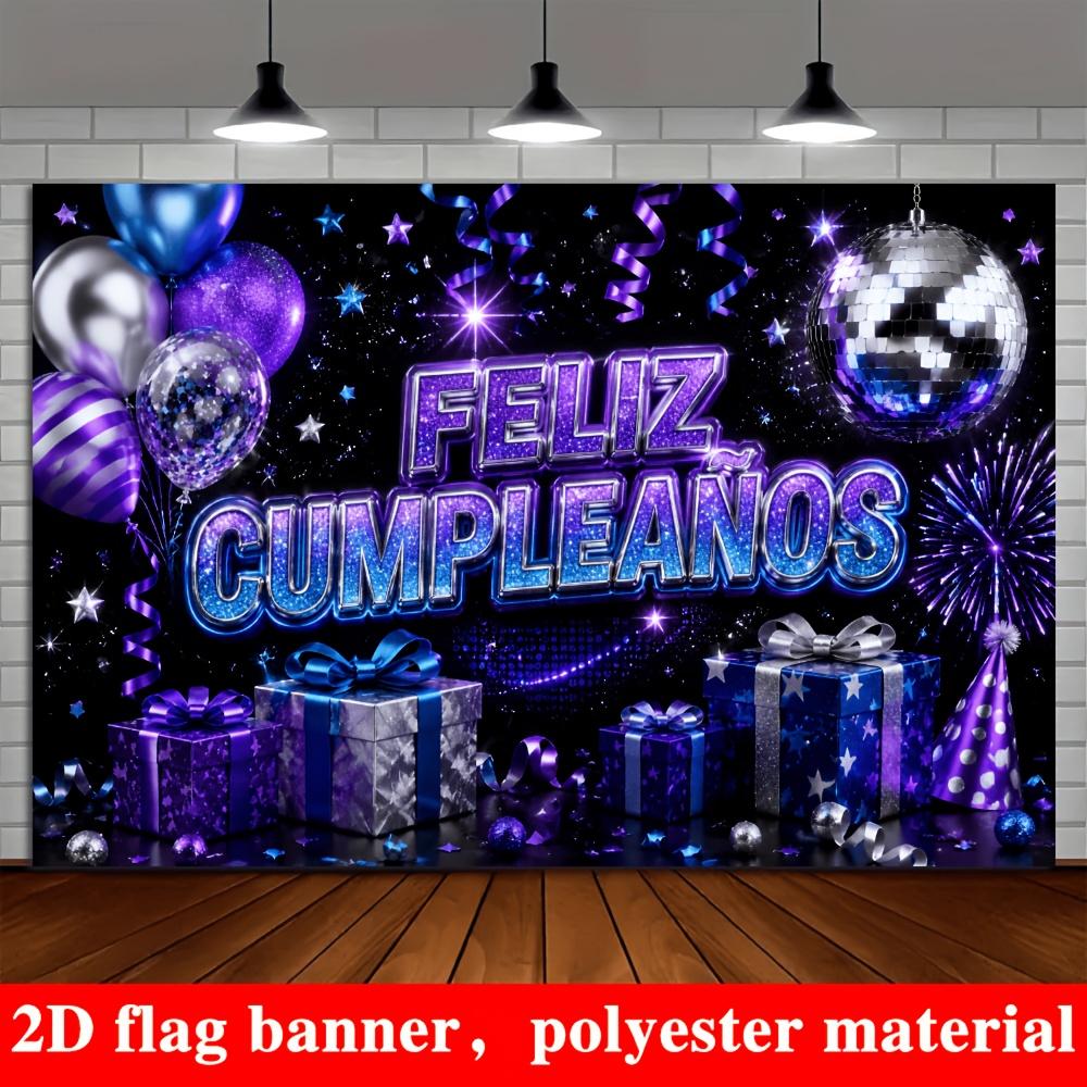 Birthday Party Banner Backdrop Purple Blue Glitter Balloons Gift Boxes Disco Ball