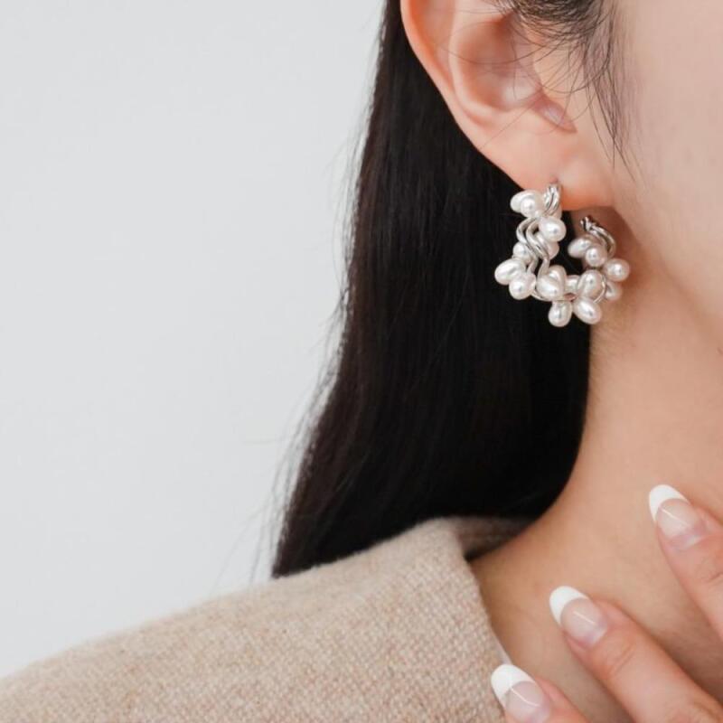 

Ringlow Overfit Earrings Beaded Pearl Drop Snowflake Women s Silver