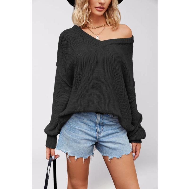 

New autumn and winter hot sale V-neck loose large size pullover solid color sweater women S чёрный