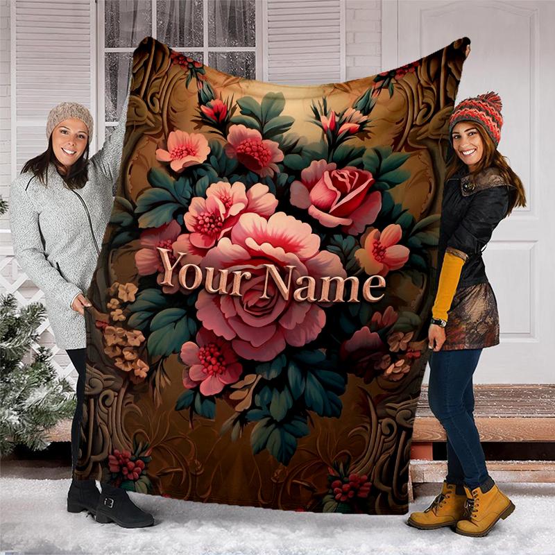 Custom Name Floral elegance vintage charm Flannel Fleece Blanket Cozy Warm Throw Blanket For Couch Bed Travel All Season Use
