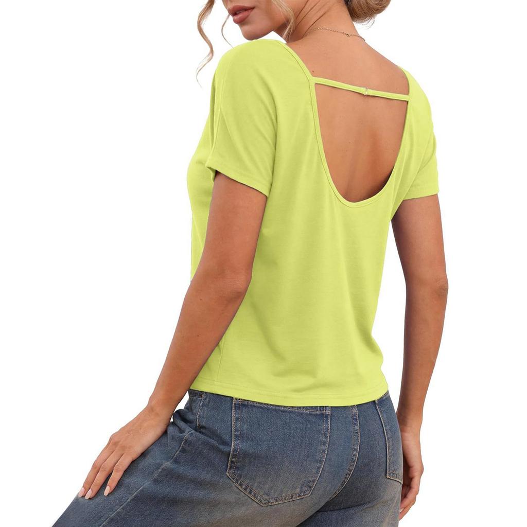 Women's Fashion New Summer  Short Sleeve Cotton Top Loose Fit Exercise Yoga Sports Shirt Show-Off T-Shirt Top