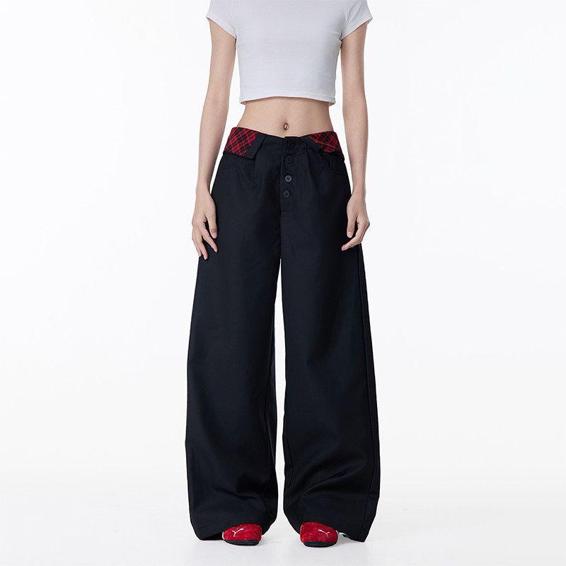 

Black of Exit American Retro Red Plaid Patchwork Wide-Leg Trousers Loose Slimming Floor-Length Casual Pants Trendy