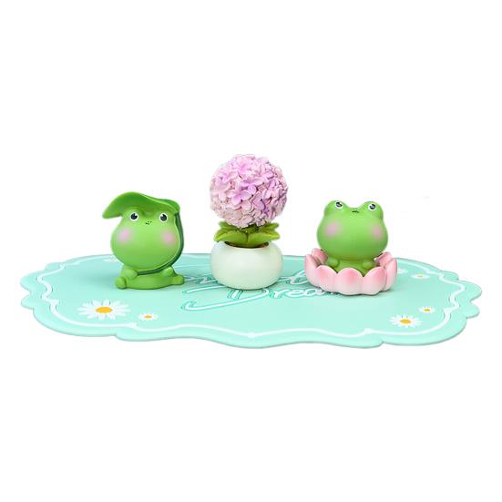 3Pcs Frog Figure with Pad Resin Frog Car Ornament Mini Green Plant Bonsai Pot Home Office Decor Car Interior Accessory