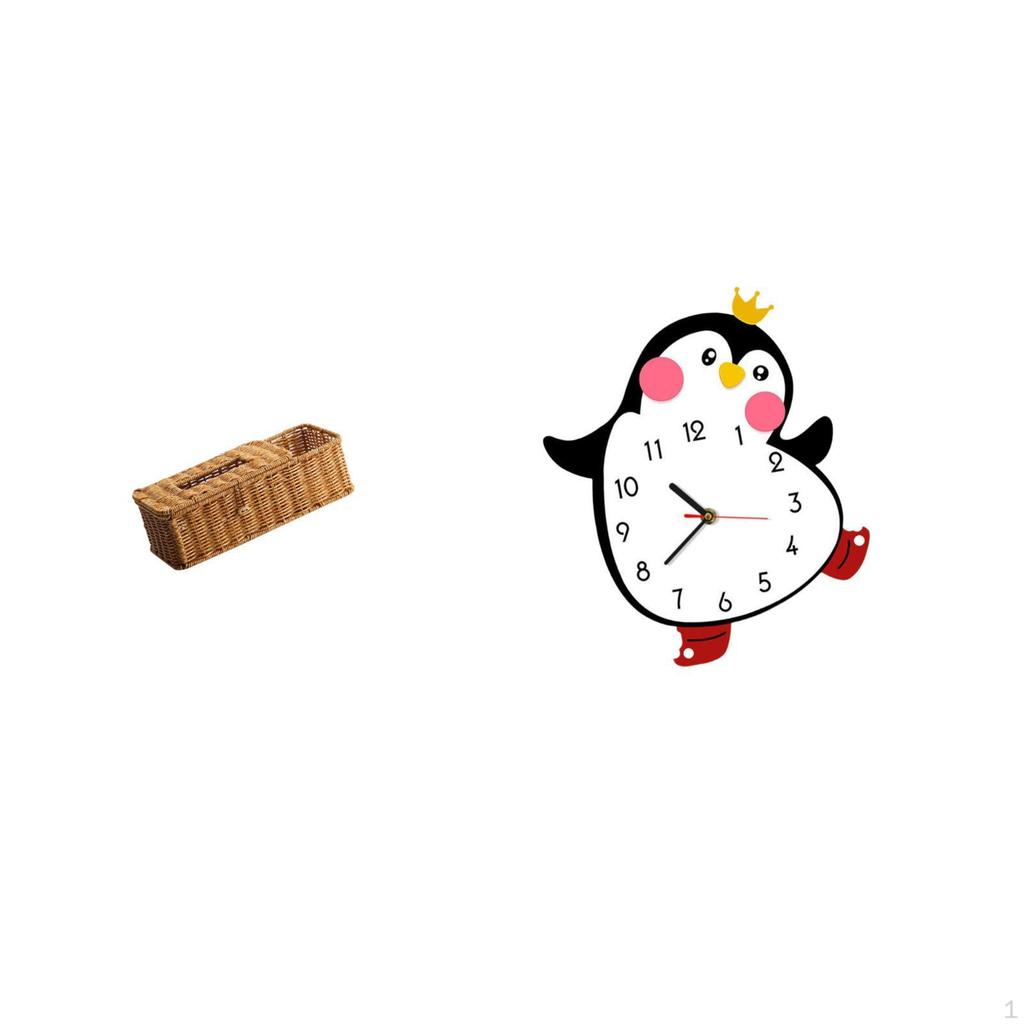 Remote Control Storage Tissue Box with Cartoon Penguin Wooden Wall Clock Multifunctional Decorative