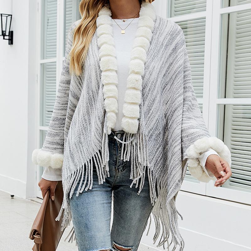 Warm Fur Collar Knitted Shawl Cardigan Cape Shawl Polyester Plus Size Women'S Shawl