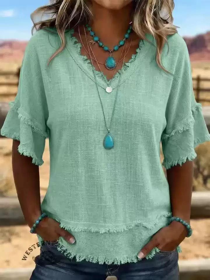 V-Neck Short Sleeve Loose Fit Women's Casual Pullover Top
