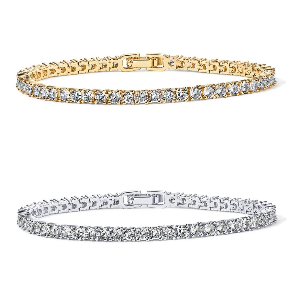 Shevalues Women 14K Gold Plated 3mm Classic Tennis Bracelet Lady Exquisite Luxury Cubic Zirconia Bracelets Jewelry For Gift
