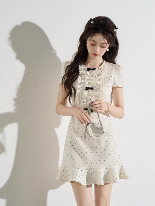 Petite French Sweetheart Polka Dot Dress - Summer Round Neck Short Skirt