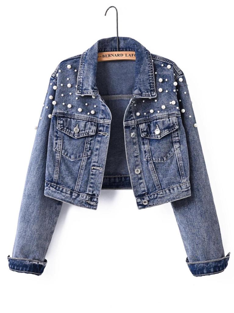 Women's Light Blue Rhinestone Beaded Denim Jacket - Petite, Short, Spring/Autumn 2025