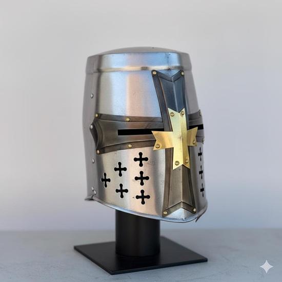 Handmade Crusader Templar Helmet with Golden Brass Cross, Wearable Medieval Knight Helmet
