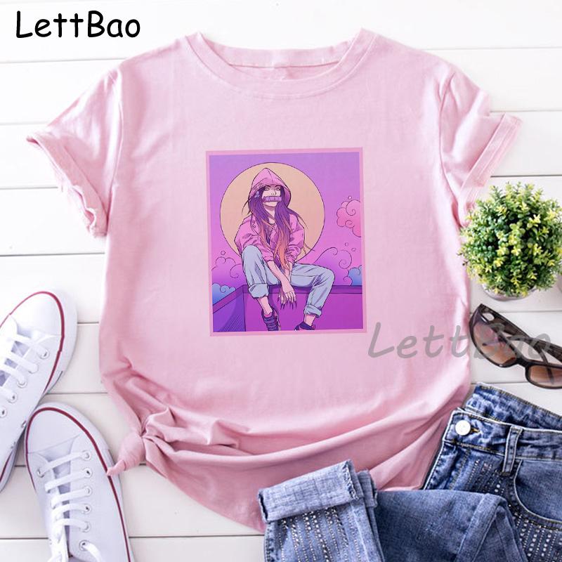 Nezuko Kimetsu No Yaiba Funny Graphic Pink T Shirts Women Vintage Anime Print Tee Shirt 90S