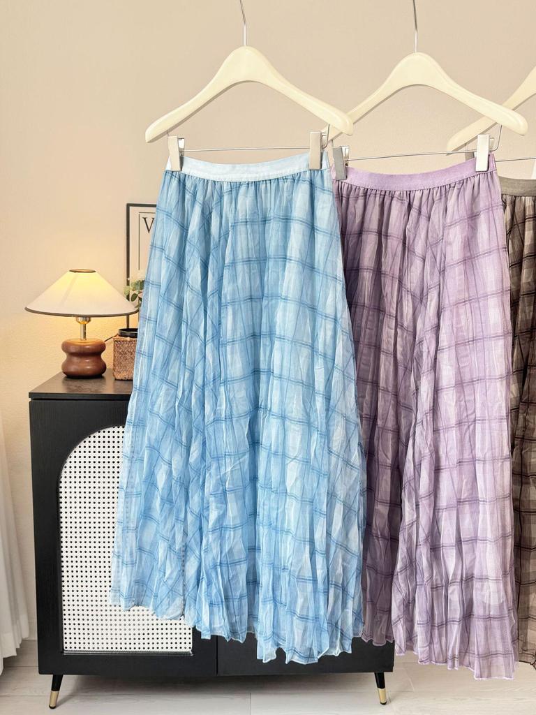 Design-Forward Plaid Mesh Midi Skirt: 2026 Spring/Summer Women's Wrinkled Drape Resort Skirt
