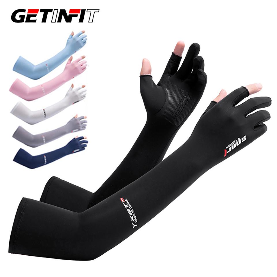 Getinfit 1Pair Summer Sunscreen Ice Sleeve Two Finger Gloves Arm Sleeves Breathable Ice Silk Extended Sports Driving Sleeve