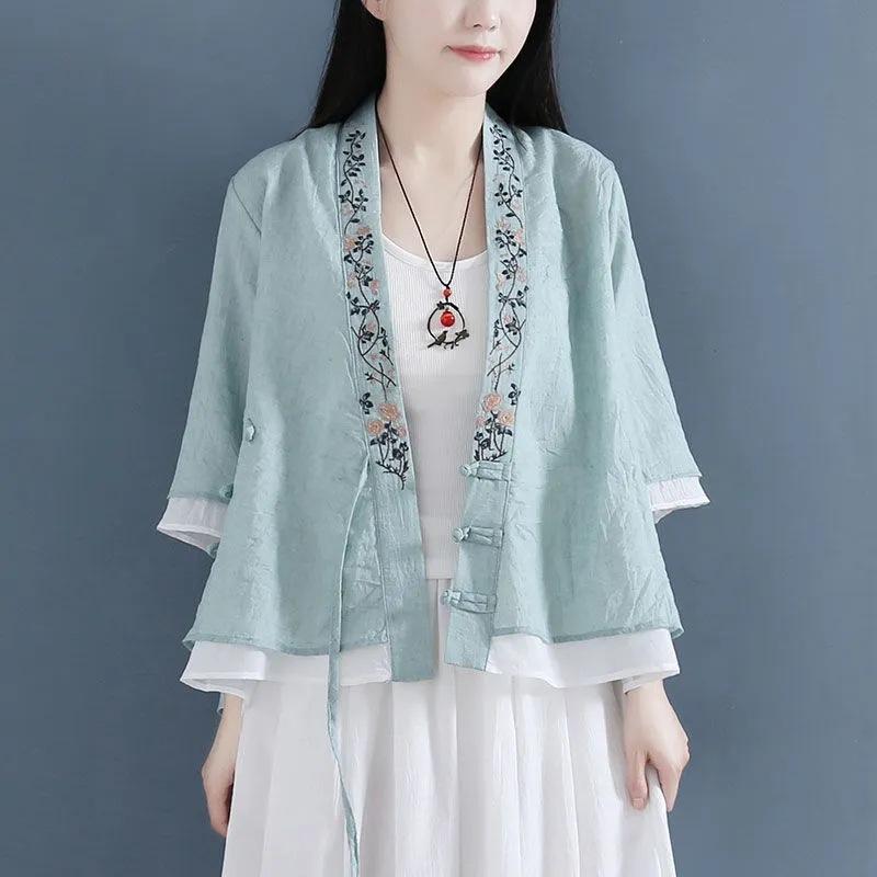 diagonal placket three-disc buckle medium-sleeved pure cotton fake two-piece shirt blouse women's new retro tea clothes cotton and linen cardigan