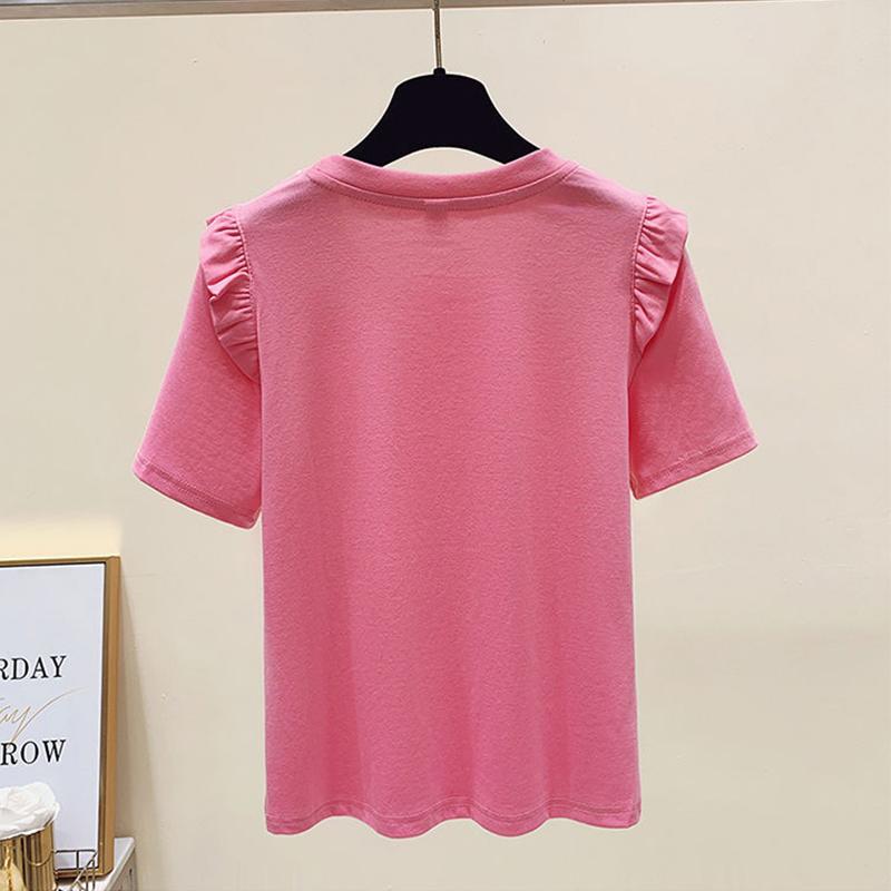 Summer Woman Clothing Slim Versatile T-shirt Korean New Ruffles Short Sleeve Beading Round Neck Female Basic Fashion Casual Tops