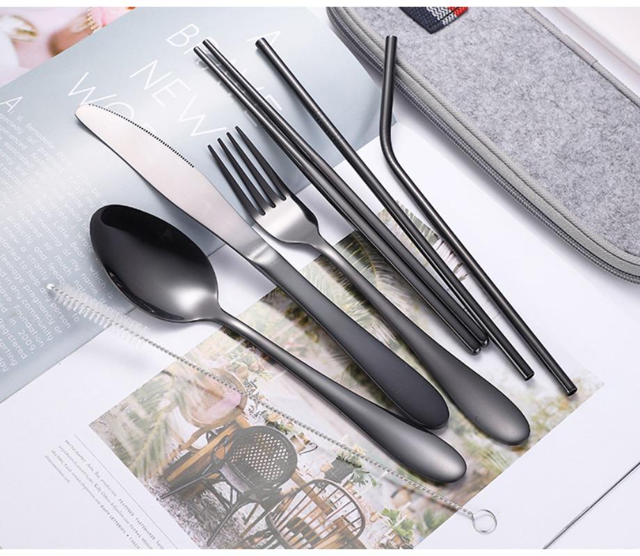 8Pcs Stainless Steel Straw Set Outdoor Western-style Knife, Fork, Spoon and Chopsticks Portable Cutlery Bag