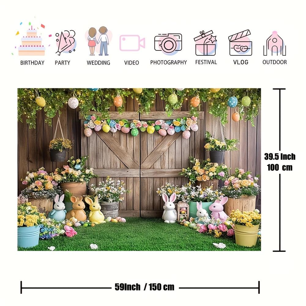 

Happy Easter Backdrop Photography AI Scene Wooden House Flowers Rabbit Bunny Eggs Birthday Party Decor Baby Shower Background