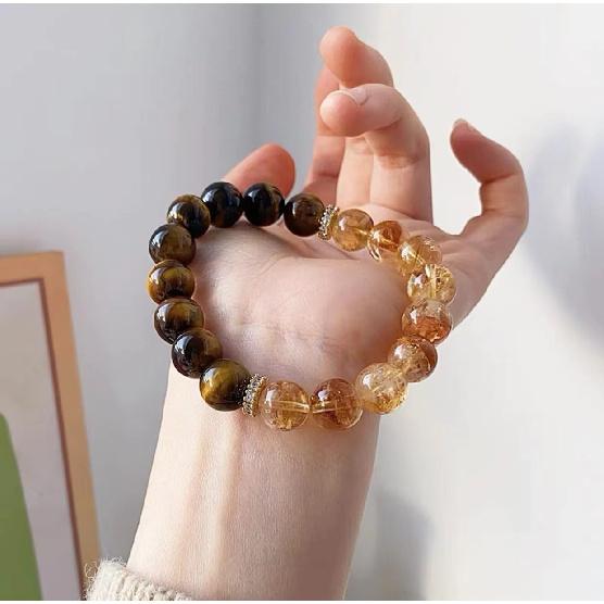 Designer s recommendation Natural Crystal Yellow Tiger Eye Stone Yellow Tower Crystal Bracelet for Women Honey Milk Cap Bracelet 【Design1】10mm