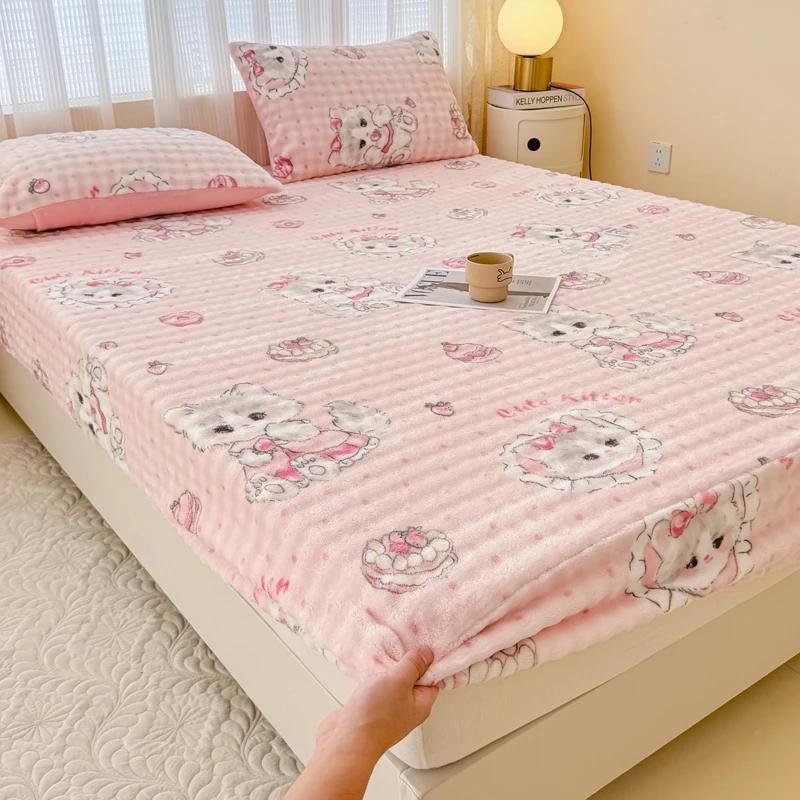 Fluffy Plush Fitted Bed Sheet Cartoon Long Hair Fleece Bed Cover for Double Bed Fundas De Colchón Winter Warm Mattress Cover