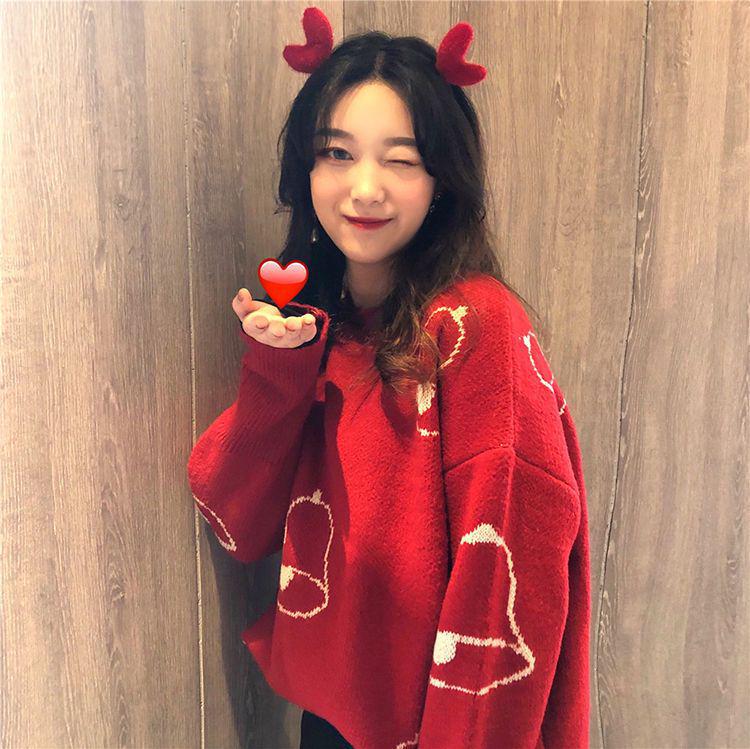 Women's Red Jacquard Christmas Sweater: Autumn Style, Round Neck, Long Sleeve Knit Pullover